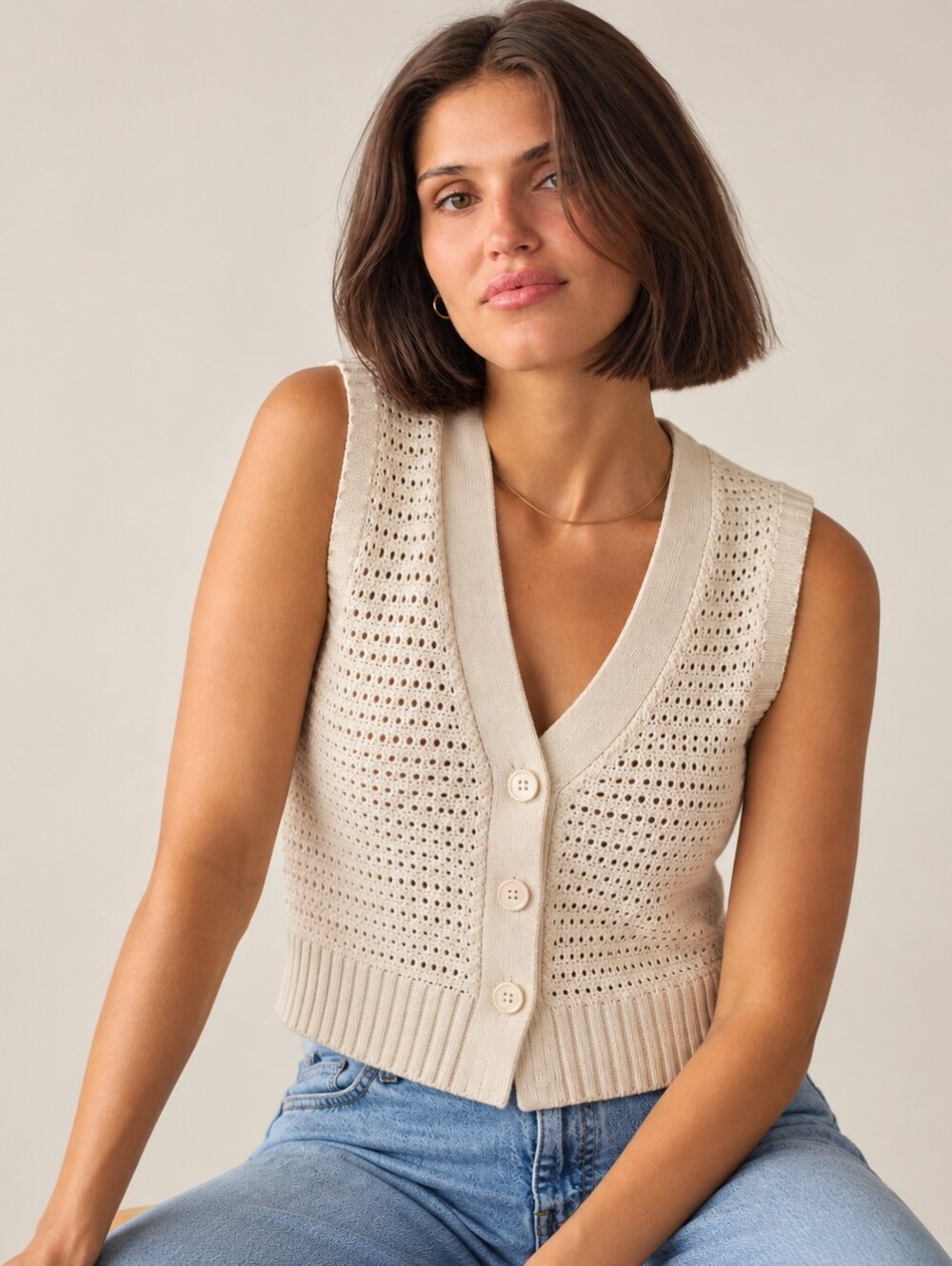 Sincerely Jules Cream Crochet Knit Button Front Sweater Vest Medium